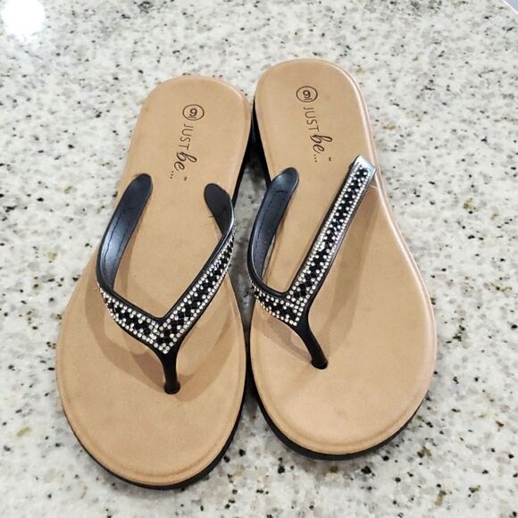 Just Be Black and Silver Rhinestone Flip Flops, Size 9 - Picture 5 of 6